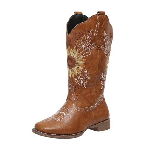 SACFOF Cowboy Boots for Women Sunflower Boots Square Toe Mid Calf Western Embroidery Stitched Low Heel Western Cowgirl Boots