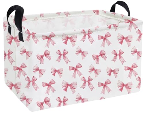 Image of Essme Rectangular Pink Baskets,Girls Storage Box,Cute Basket for Kids with Handles for Room Decor, Book Bins,Shelf Basket.(Pink Bowknot)