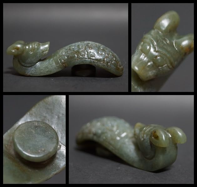 古代 和田玉(ホータン)細工彫り 龍首帯勾 根付緒締玉 提げ物 装飾品