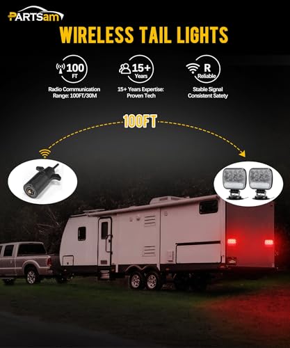 Image of Partsam Wireless LED Trailer Light Kit Magnetic Towing Tail Light Portable Universal Stop Turn Reverse Backup Smoked+Clear Lens w / 7-Pin Plug Dual USB Charger for Trucks Trailers RVs 12-24V