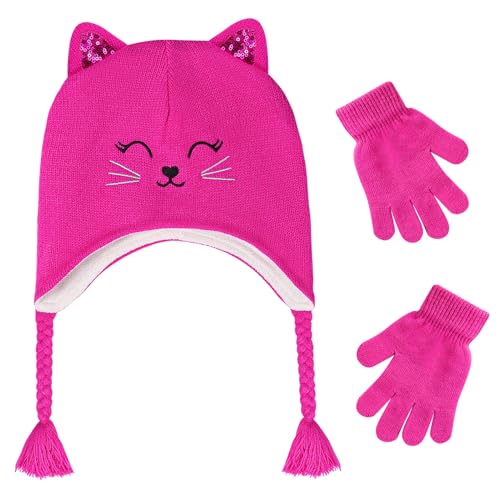 Girls Winter Cat Ear Beanie Hat and Gloves Set Kids Knitted Earflap Cap Mitten Set for Ages 3-7