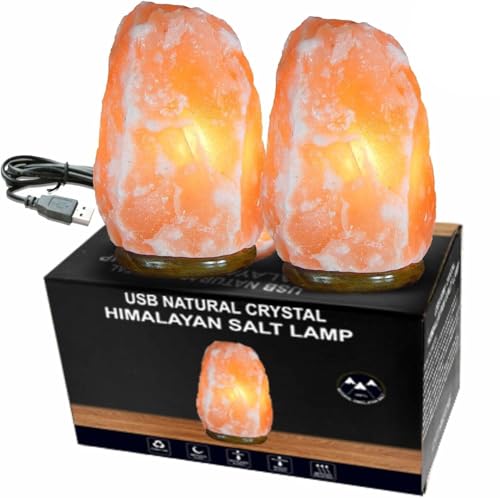 2PCS 100% Natural Pure Himalayan USB LED Salt Lamp Healing Ionizing Pink Crystal Rock Hand Crafted Air Purifier Night Light & Gifts Wooden Base Home Decoration Table Lamp