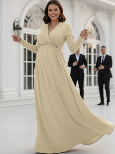 Image of KOH KOH Womens Maternity Long Sleeve V-Neck Flowy Winter Maxi Dress Gown