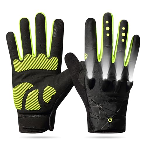 Thiovanek Rechargeable 4 LED Flashlight Cycling Gloves Full Finger Hands Free Led Flashlight for Running Walking Fishing Riding Night Cycling Repairing Bicycle Flashlight Gloves for Men Gifts