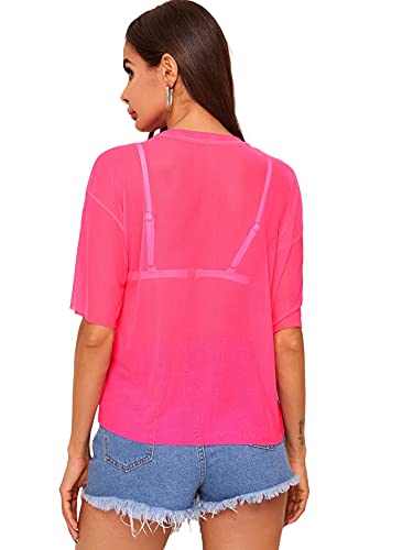 Makemechic Women's Summer Short Sleeve Tops See Through Mesh Sheer Sexy T Shirt Blouse Hot Pink L #TOP2