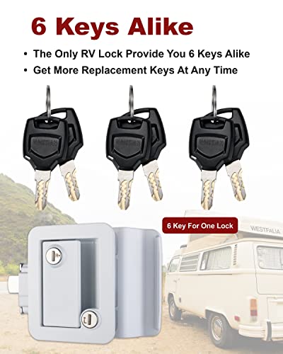 Image of RV Camper Door Lock Latch Deadbolt Lock Entry Side Door Lock with Handle for Travel Trailer 5th Wheel Universal Security RV Compartment Side Door Latch, White, Pack of 1 Lock+ 6 Keys Alike