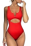 Meyeeka One Piece Bathing Suit for Women Tummy Control Womens Swimsuits High Cut Monokini M Red