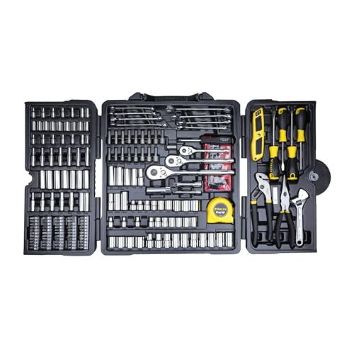 STANLEY STHT5-73795 Coffret d'Outils pour mécanique 210 Pièces - Couteau - mètre 5m - Tournevis - Clé À molette - Pinces - Clés Hexagonales - Embouts de Vissage - Finition Chromée