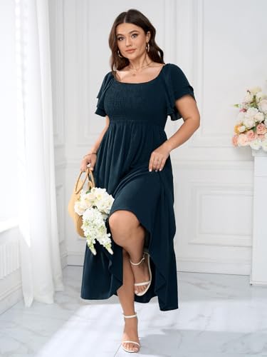 SCOMCHIC Women's Plus Size Maxi Dress Ruffle Sleeve Square Neck Smocked Flowy A-Line Wedding Guest Party Long Dresses3