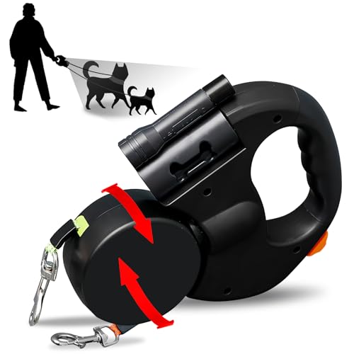 Guinzaglio doppio per 2 cani, flessibile retrattile, doppio guinzaglio con luce LED, guinzaglio per cani da 3 m, guinzaglio per cani allungabile con comoda impugnatura ergonomica, rullo, guinzaglio