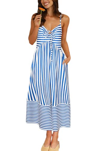 Image of Fashionme Womens Summer Maxi Dresses 2026 Trendy Striped Vacation Boho Beach Spaghetti Strap Sundress Back Tie with Pockets
