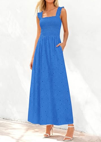 Image of KIRUNDO Summer Lace Dress for Women Eyelet Maxi Sundress | Boho Sleeveless Cotton Flowy Long Dresses, Wedding Guest, Beach Vacation, Baby Shower Guest Dress, Smocked Bust, With Pockets