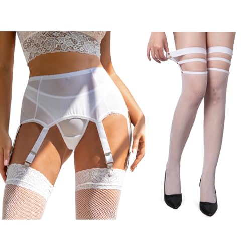Bas résille autofixant femme sexy blanc et porte jarretelle grande taille extensible