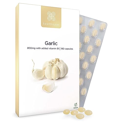 Healthspan Knoblauch 800 mg | Herzgesundheit | Zusatz von Vitamin B1 | Zusatz von Petersilienöl für die Neutralisierung des Geruchs | Vegan | 180 Kapseln