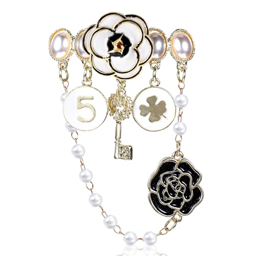 Image of Dimeho Imitation Pearl Dangle Chain Brooch Vintage Lapel Pins and Brooches for Women Four Leaf Clover Brooch