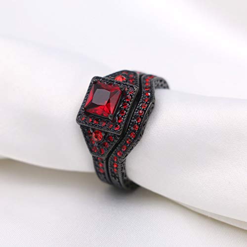 Black Gold Plated Womens Wedding Ring Sets Bridal Sets Princess Cut Red Cz Engagement Ring Wedding Band #TOP6