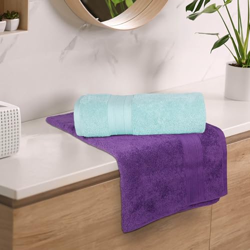 Image of MYTRIDENT Soft Comfort Air Rich 100% Cotton Towels for Bath, 500 GSM Large Size Bathroom Towels for Men /Women, 2PC Bath (69 cm x 137 cm), Nile Blue and Plum