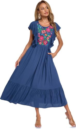 Image of Women's Summer Maxi Dress Casual Floral Embroidered Round Neck Short Sleeve Ruffle Tiered Dress Flowy Boho Beach Sundress