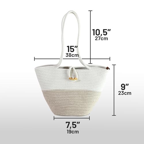 Shoulder and Hand Bag for Women, Handmade by Braided Cotton Cord, Set of 2, Bag Sizes 15”x9” and 13”x8”, Beige/Off-White3