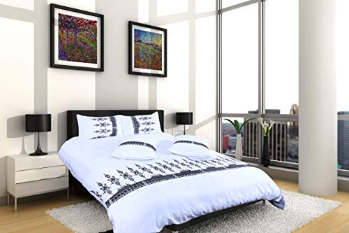 FL Flaxlinen Juego de ropa de cama y lino orgánico de 400 hilos, 100 % algodón egipcio, juego de ropa de cama premium con 2 fundas de almohada (RAGINA, blanco/negro, doble)