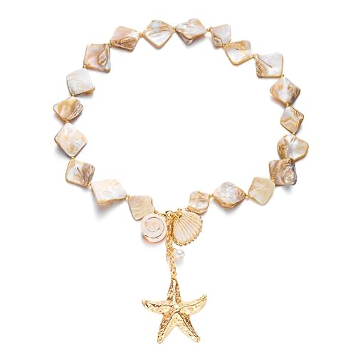 Gold Pearl Choker Necklaces For Women Chunky Shell Necklaces Starfish Conch Seahorse Summer Beach Fashion Jewelry (White Star Chain 1)