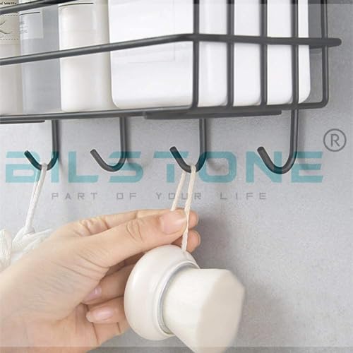 Image of GI Steel Self-Adhesive Multipurpose Bathroom Shelf with Hooks /Towel Holder /Rack /Bathroom Accessories-Wall Mount (Black) (Pack of 2)