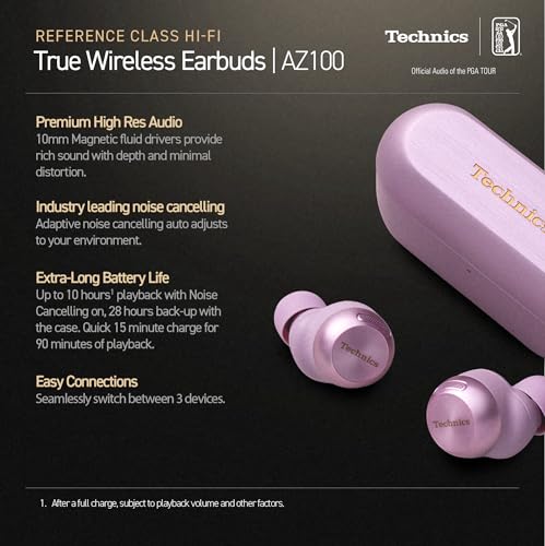 Image of Technics Reference Class HiFi Wireless Earbuds,Dolby Atmos with Head Tracking,Adaptive Noise Cancelling,3 Device Multipoint, 10-hr Battery,Wireless Charging Improved Fit -EAH-AZ100-V (Moonlight Lilac)
