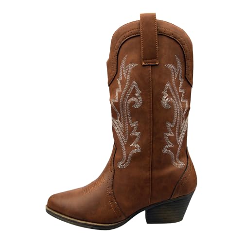 Western Cowgirl Mid-Calf Boots, Faux Leather Pull-On Style with Embroidered Design, Casual Walking Boots for Women (Black, One Size, UK Footwear Size System, Adult, Women, Numeric, Medium, 3) - Image 5