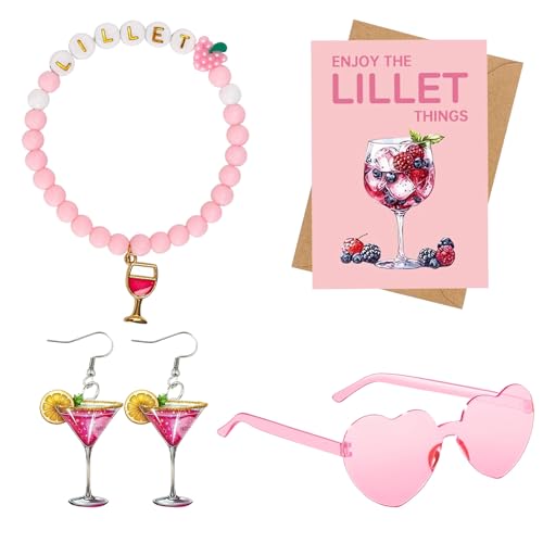 Lillet Geschenkset für Lillet Damen, Geschenkset für Lillet Frauen, Geschenk Beste Freundin Geburtstag, mit Brille, Armband, Ohrringe, Grußkarte und Umschlag, Lillet Zubehör Geschenke für Damen