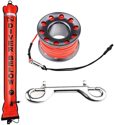 4ft Red Scuba Diving Open Bottom Surface Marker Buoy (SMB) with 49ft Finger Spool Alloy Dive Reel and Double Ended Bolt Clip