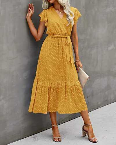 Image of BTFBM Women Summer Casual Wrap V Neck Ruffle Cap Sleeve Belted Midi Dress