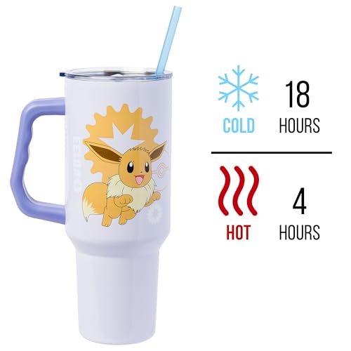 Image of Silver Buffalo Pokemon Double Walled Stainless Steel Tumbler with Handle Featuring Eevee, Fits in Standard Cup Holder, 40 Ounces