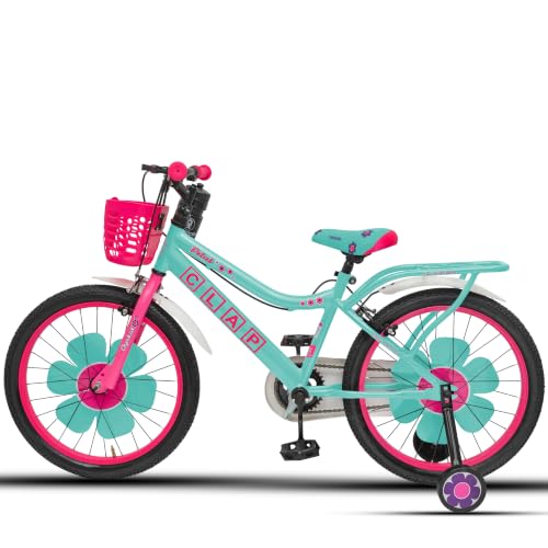 Image of Petal 20T Kids Bicycle with Training Wheels | Backrest, Basket & Full Chain Cover | Ideal for Girls Aged 7-9 Years (Sea Green-Pink, 20T)