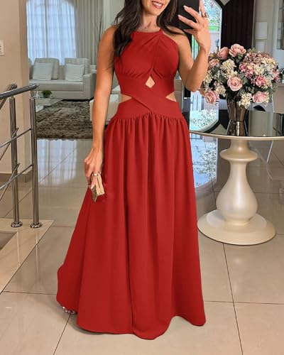 Image of CHICME Women's Sleeveless Halter Neck Dress Criss Cross Tie Back Split High Maxi Dress