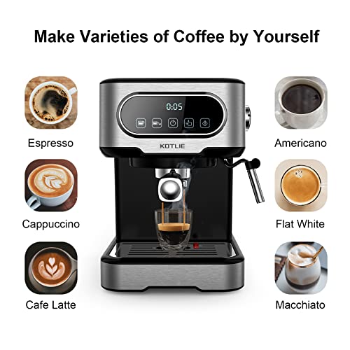 KOTLIE Cafetera Express, Máquina de Café Expreso con Panel Táctil Digital, Tubo de Vapor Giratorio, 20 Bares de Alta Presión, Depósito Extraíble de 1.5L, 2 Filtros, 1100 W, Negro