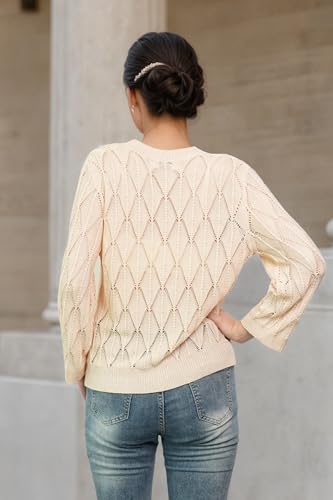 Image of Women's 2025 Crochet Sweater Cardigan 3 /4 Sleeve Lightweight Summer Knit Sweater | Open Front Boho Shrug Top | Beach Cover-Up & Office Wear | Machine Washable 21-Almond-L