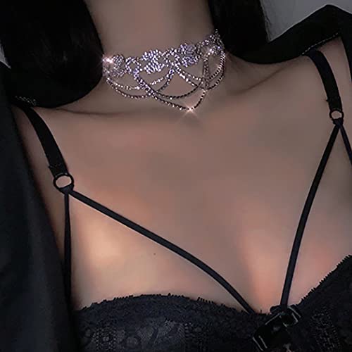 Jeairts Full Crystal Choker Necklace Silver Layered Rhinestone Tassel Necklaces Sparkly Lolita Chain Necklace Party Costume Jewelry Gifts for Women and Girls