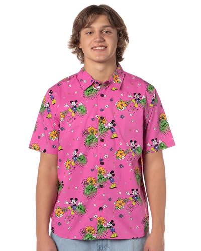 Neff Disney Men's Mickey Mouse Floral Hawaiian Print Button-Down Shirt (Pink V1, Small)
