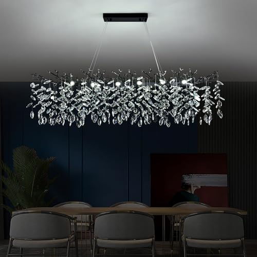 Upfelw Modern Crystal Tree Branch Chandelier L40'', Black Linear Rectangle Art Deco Pendant Light Raindrop Lighting Fixture for Dining Room Kitchen Island 10 Lights