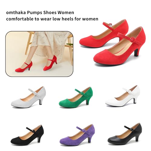 Women's Vintage Mary Jane Shoes Dress Comfortable Low Kitten Heels Ankle Strap Closed Round Toe Office Work Wedding Pumps Red Suede US 6 by omthaka - Used condition - Image 3