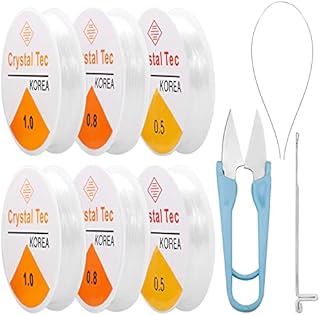 6 Pcs Bracelet String, 0.5mm 0.8mm 1.0mm Elastic String Clear Elastic Bead Threads with Cutter Bead Needle Wire Lead Crystal String Stretch Elastic Line for Jewelry Making and Bracelet Making