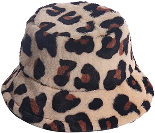 Chezabbey Bucket Hat Women's Faux Fur Hat Girls' Teddy Style Winter Hat Fisherman Hat Warm Windproof Cap Leopard Beige #TOP9