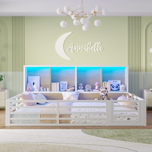 Bodenbett 140x200 mit LED-Beleuchtung, Kinderbett mit Stauraumfach und Rausfallschutz aus Metall inkl. Lattenrost und Tür, Montessori Bett Gitterbett Kinder Jugendbett Doppelbett, Ohne Matratze, Weiß Bodenbett 140x200 mit LED-Beleuchtung, Kinderbett mit Stauraumfach und Rausfallschutz aus Metall inkl. Lattenrost und Tür, Montessori Bett Gitterbett Kinder Jugendbett Doppelbett, Ohne Matratze, Weiß