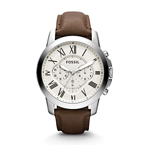 Fossil Reloj para Hombre Grant, Movimiento cronógrafo de Cuarzo, Caja de Acero Inoxidable Plateado de 44 mm con Correa de Piel auténtica, FS4735