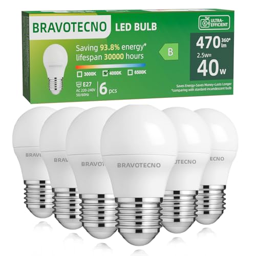 bravotecno Bombilla LED E27, Clase de Energía B, LED E27 Blanco Neutro 4000K, 2,5W 470LM G45, Equivalente a 40W, Ángulo de Haz de 360°, No Regulable, Poco calor y larga vida útil, 6 piezas