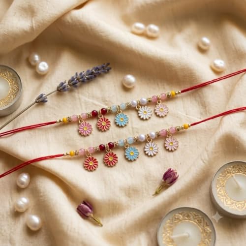 Image of Daisy Flower Charm Rakhi Bracelet, Set of 2