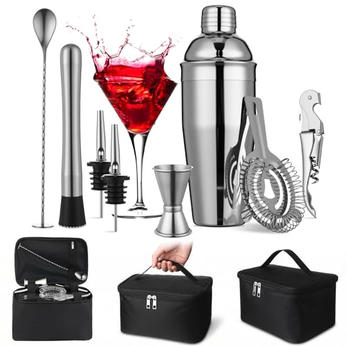 Widecook 9 Pcs Travel Bartender Kit Cocktail Shaker Set with Bag 25oz Martini Shaker Kit Ice Crusher Wine Opener Strainer Spoon Jigger Pourer Portable Bar Gift for Home Rv Summer Party Outdoor