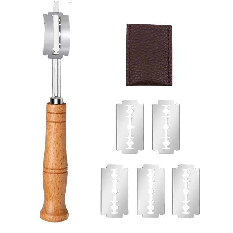 Bread Lame with 5 Pieces Replaceable Blades, Stainless Steel Bread Lame Knife with Wooden Handle, Sourdough Scoring Tool with Leather Protective Cover for Bread Baking