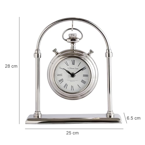 Image of Decor de Maison Handcrafted Archway Timepiece Table Clock for Kids Room, Living Room, Bedroom | Classic Non-Ticking Tabletop Battery Operated Analog Desk Clock in Silver (25x6.5x28cm)