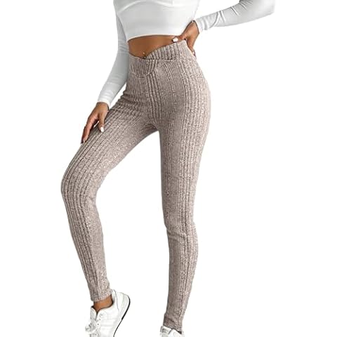 WDIRARA Women's Elastic Waist Leggings Ribbed Knit Casual Long Pants Apricot L Cover